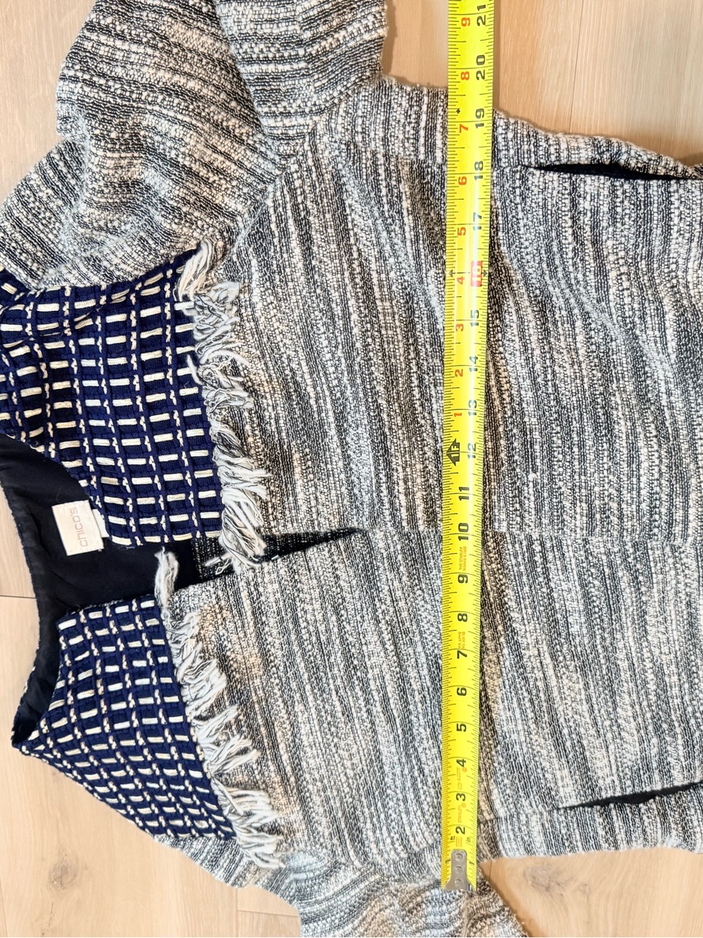 Chico’s Tweed Fringe Jacket Women’s L 12/14 Open Front Blue Gray Textured - Picture 8 of 8